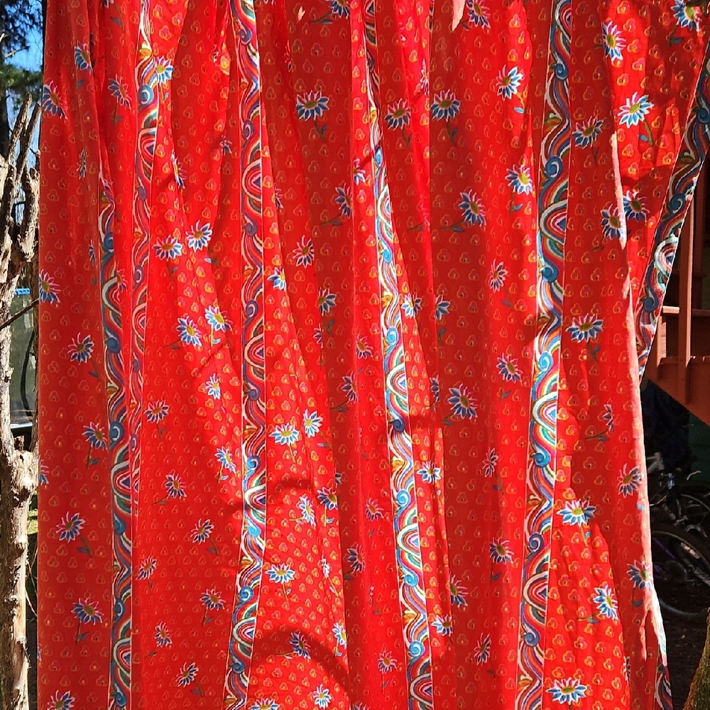Vintage Cotton Indian Block Design  Orange  Blue Floral Shower 72" X 72" Curtain - Picture 10 of 17
